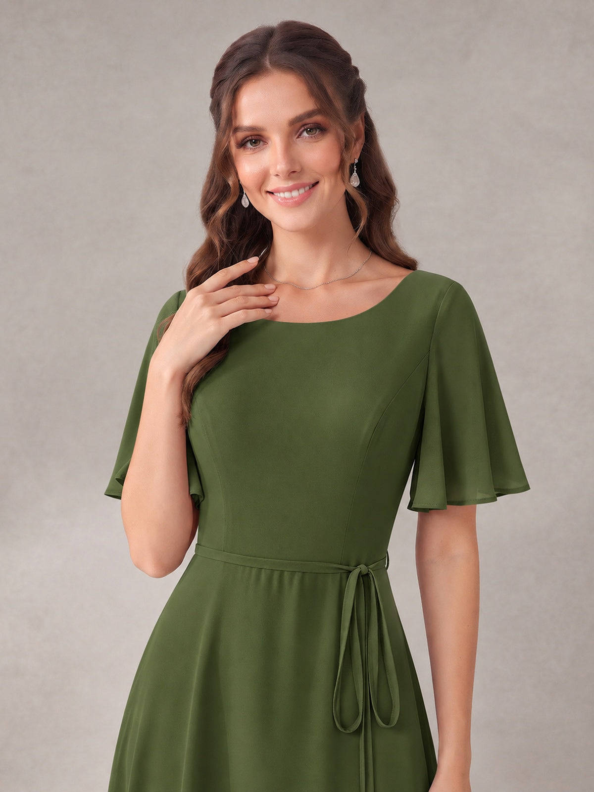 Scoop Neck A-line Chiffon Bridesmaid Dress with Flutter Sleeve & Belt