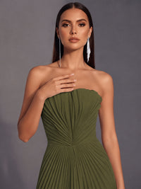 Strapless A-line Long Pleated Satin Prom Dress