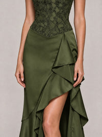 Strapless Lace Appliques Corset Satin Prom Dress Ruffle Slit Evening Gown