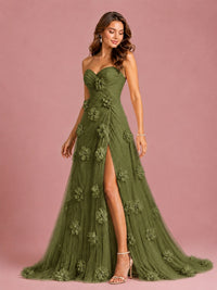 3D Floral Applique Strapless Tulle Prom Dress with High Slit