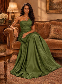 Draped Satin Prom Dress Strapless A-line Formal Dress Floor Length
