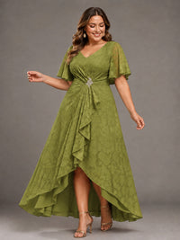 Jacquard Chiffon A-Line V-Neck High-Low Mother of the Bride Dress
