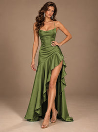 Burgundy Spaghetti Strap Ruched Prom Dress with Ruffled High Slit
