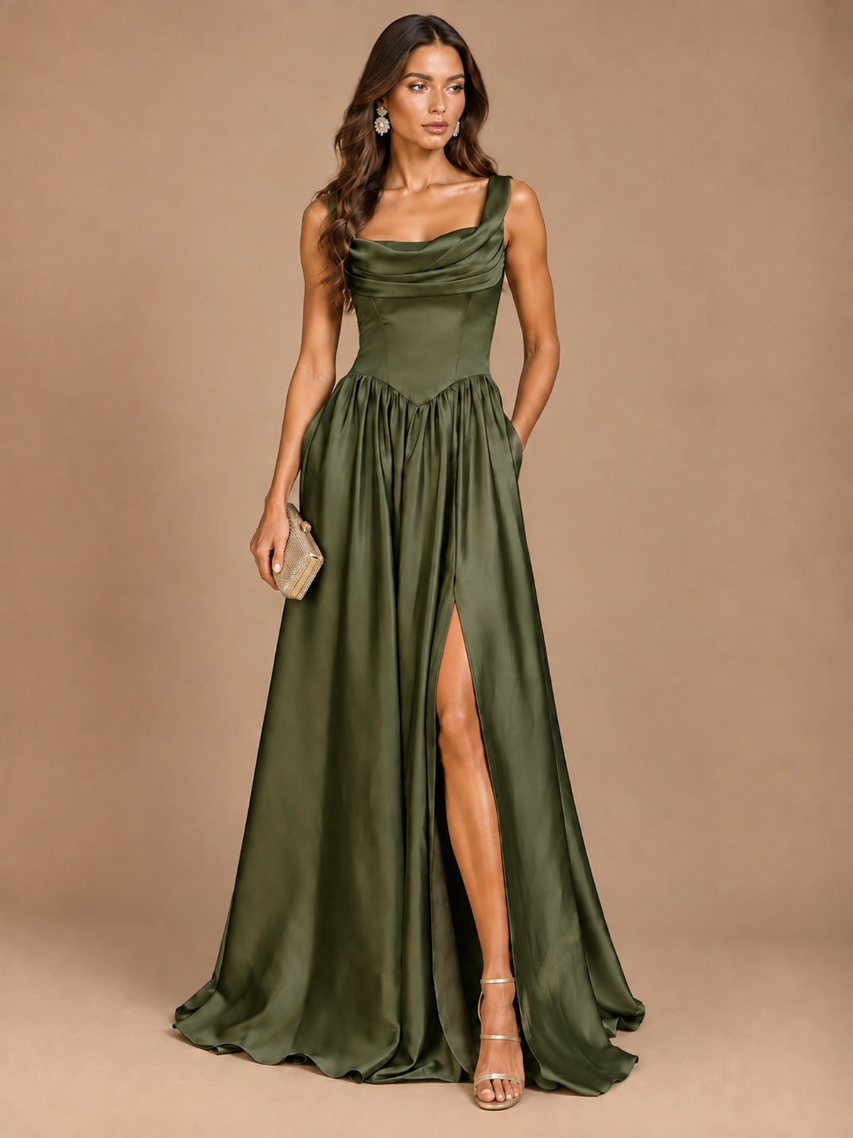Cowl Neck Pleated Satin Prom Dress with Pockets & Slit Maxi Formal Gowns