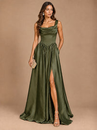 Cowl Neck Pleated Satin Prom Dress with Pockets & Slit Maxi Formal Gowns