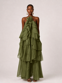 Orange Chiffon Halter Ruffle Maxi Dress with 3D Flower