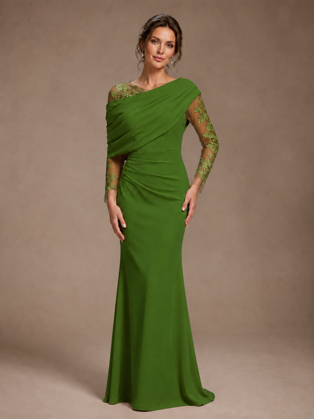 Dusty Rose Illusion Long Sleeve Chiffon Applique Mother of The Bride Dress