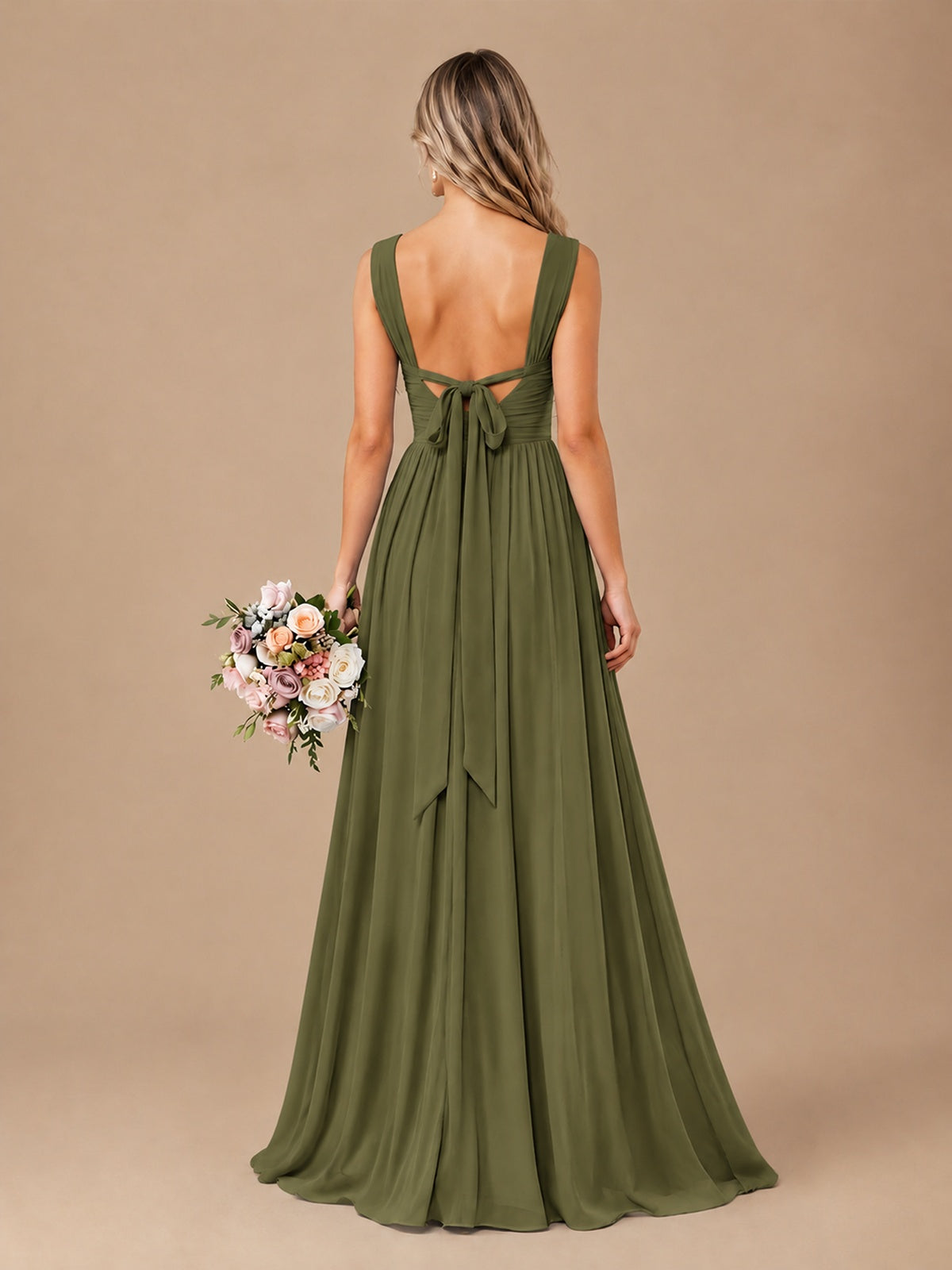Pleated Chiffon V Neck Wedding Bridesmaid Dresses Floor Length with Slit