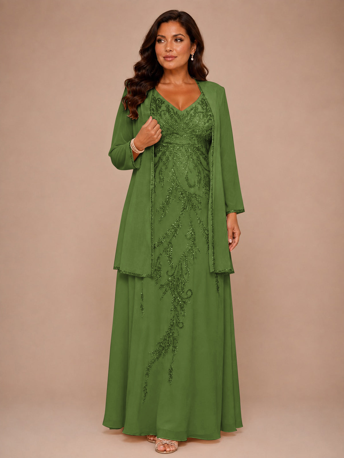 Champagne Beaded Chiffon Mother of the Bride Dress with Jacket V-Neck Gown