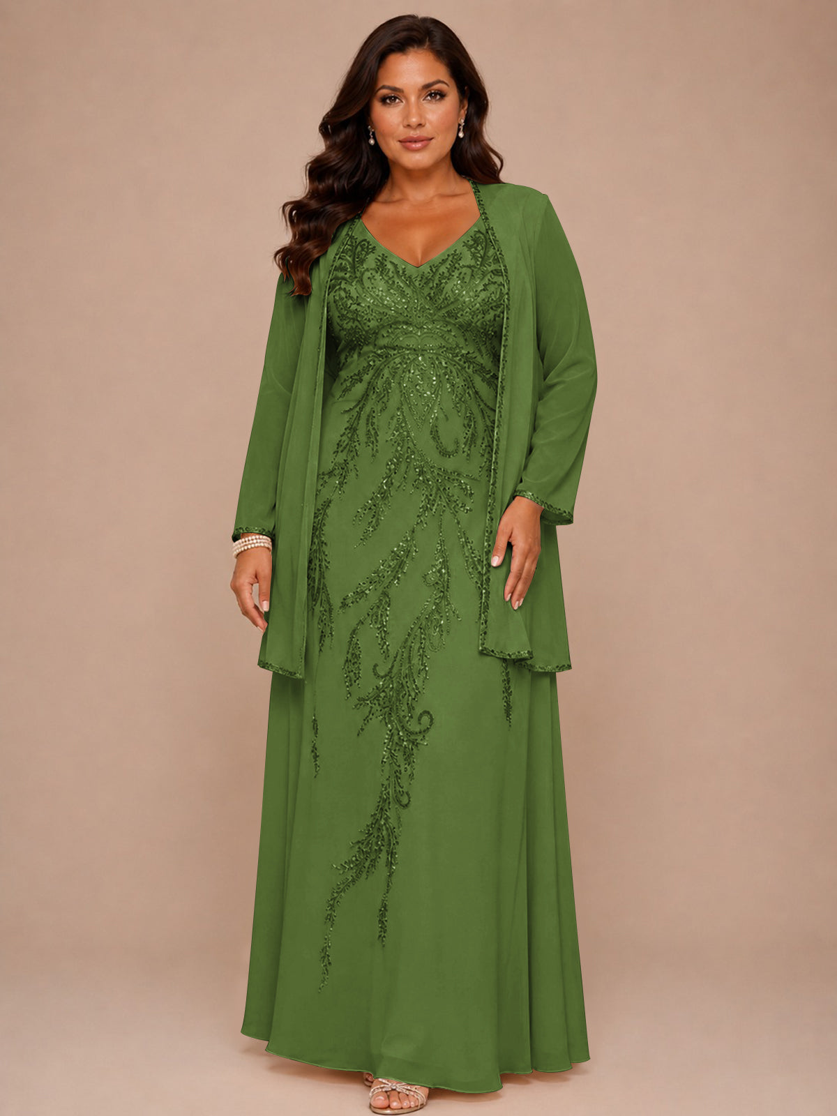Champagne Beaded Chiffon Mother of the Bride Dress with Jacket V-Neck Gown