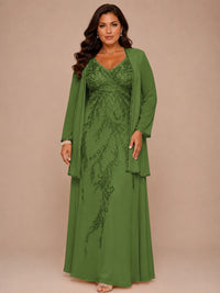 Champagne Beaded Chiffon Mother of the Bride Dress with Jacket V-Neck Gown