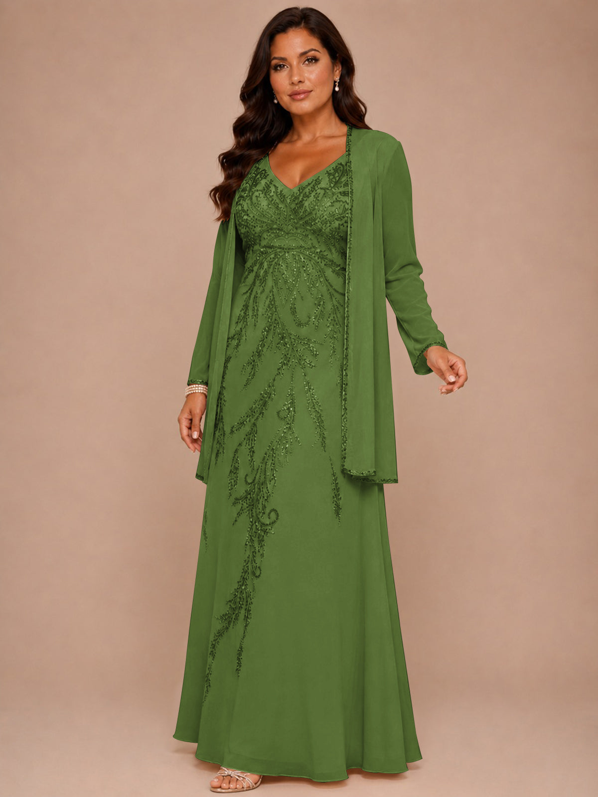 Champagne Beaded Chiffon Mother of the Bride Dress with Jacket V-Neck Gown