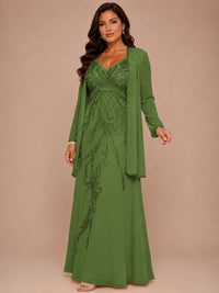Champagne Beaded Chiffon Mother of the Bride Dress with Jacket V-Neck Gown
