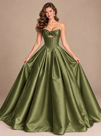 Pink Strapless Corset Satin Prom Derss & Ball Gown with 3D Floral