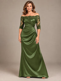 Satin Mother of the Bride Dress with Lace Sleeves Off Shoulder Formal Gown