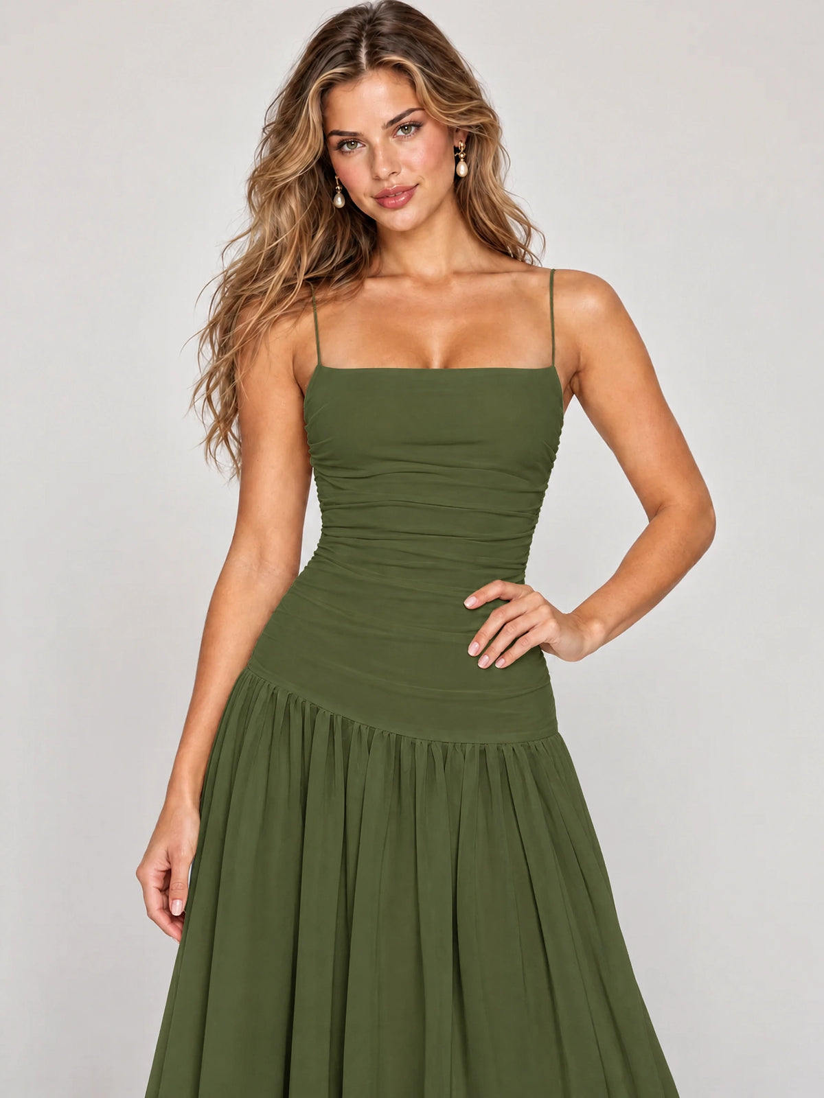 Butter Yellow Ruched Spaghetti Strap Drop-Waist Prom Dress