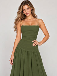 Butter Yellow Ruched Spaghetti Strap Drop-Waist Prom Dress