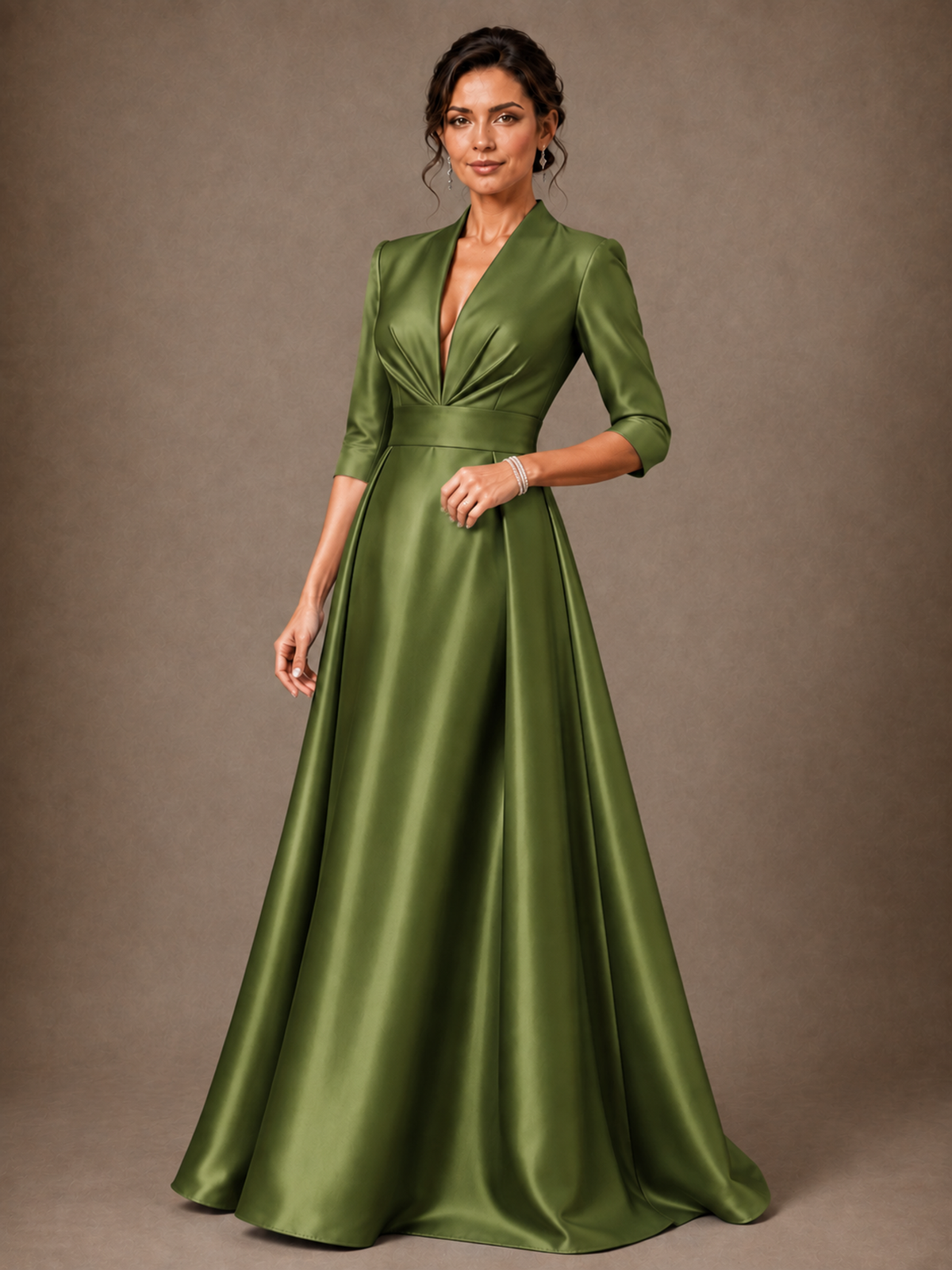 V-Neck Pleated Satin Mother of the Bride Gown with 3/4 Sleeves