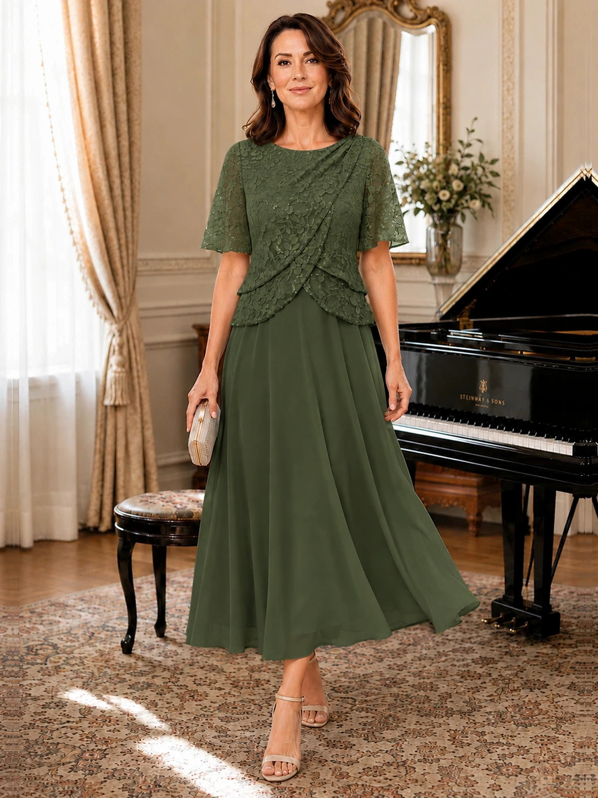 Tea-Length Chiffon Mother of the Bride Dress with Sequin Lace Sleeves