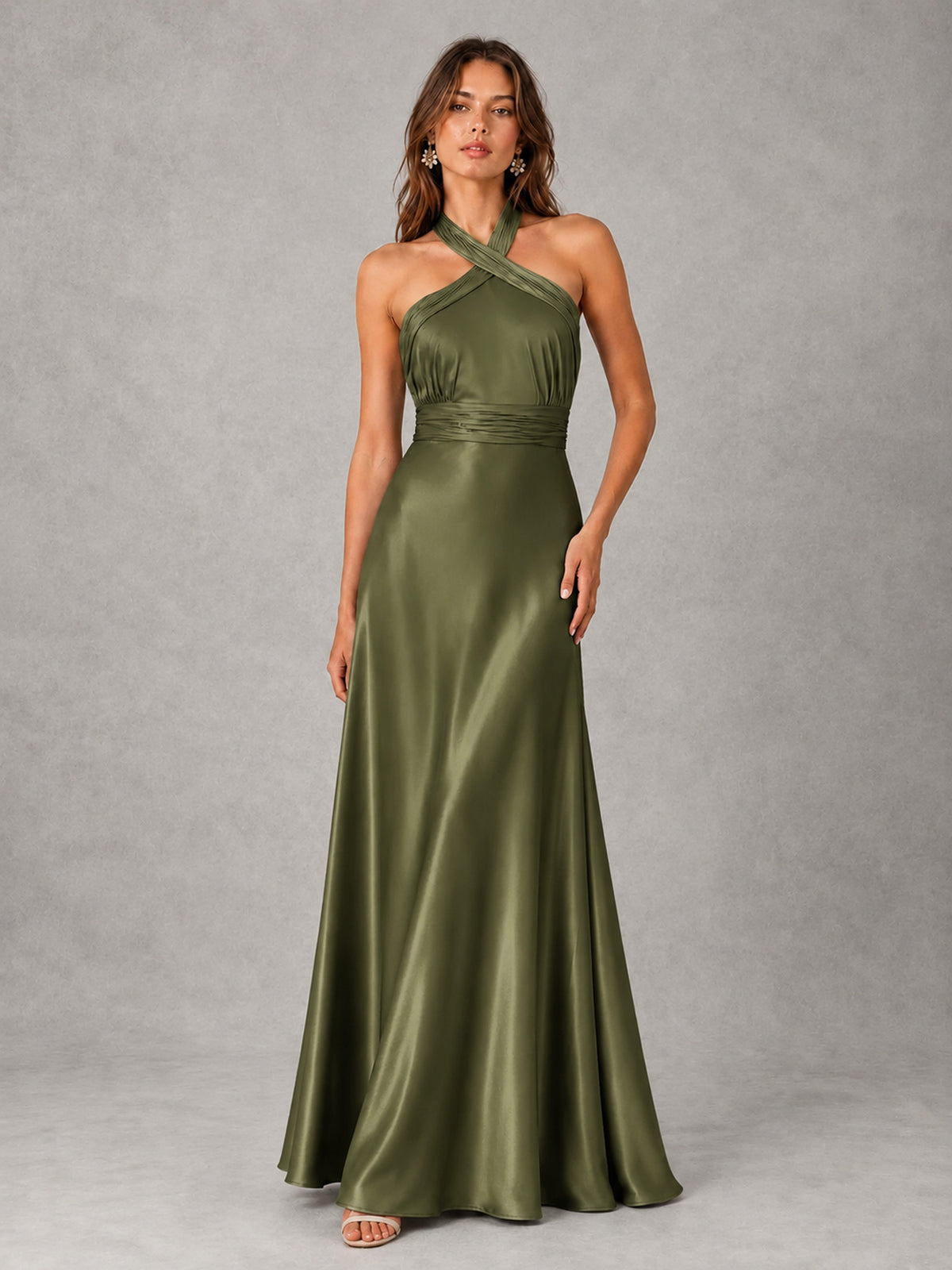 Sage Green Satin A-Line Bridesmaid Dress with Halter Neck