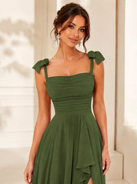 Ruffle Slit Chiffon A Line Scoop Neck Bridesmaid Dresses with Pockets