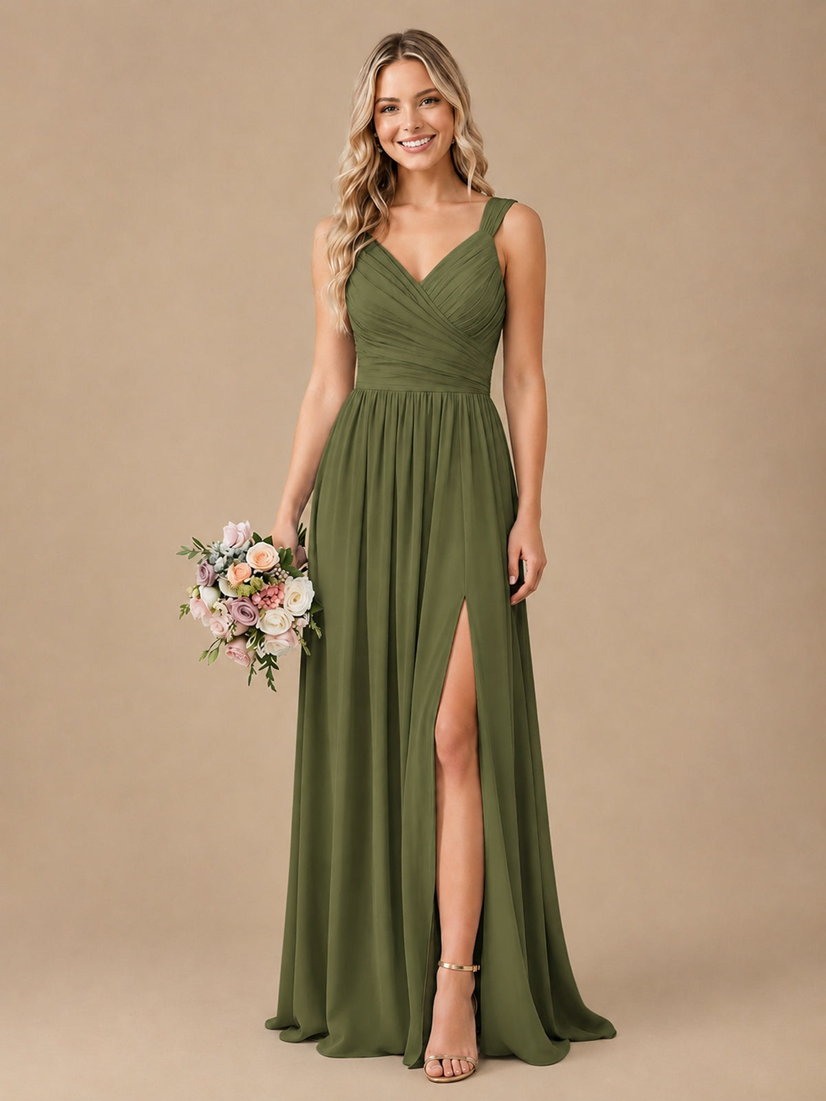 Pleated Chiffon V Neck Wedding Bridesmaid Dresses Floor Length with Slit