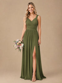 Pleated Chiffon V Neck Wedding Bridesmaid Dresses Floor Length with Slit