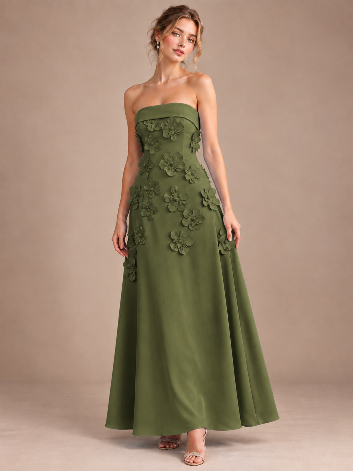 Olive Green Strapless 3D Floral Appliques Maxi Dress