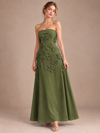 Olive Green Strapless 3D Floral Appliques Maxi Dress
