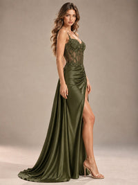 Mermaid Satin Prom Dress with Floral Appliqué Corset and High Slit