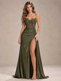Mermaid Satin Prom Dress with Floral Appliqué Corset and High Slit