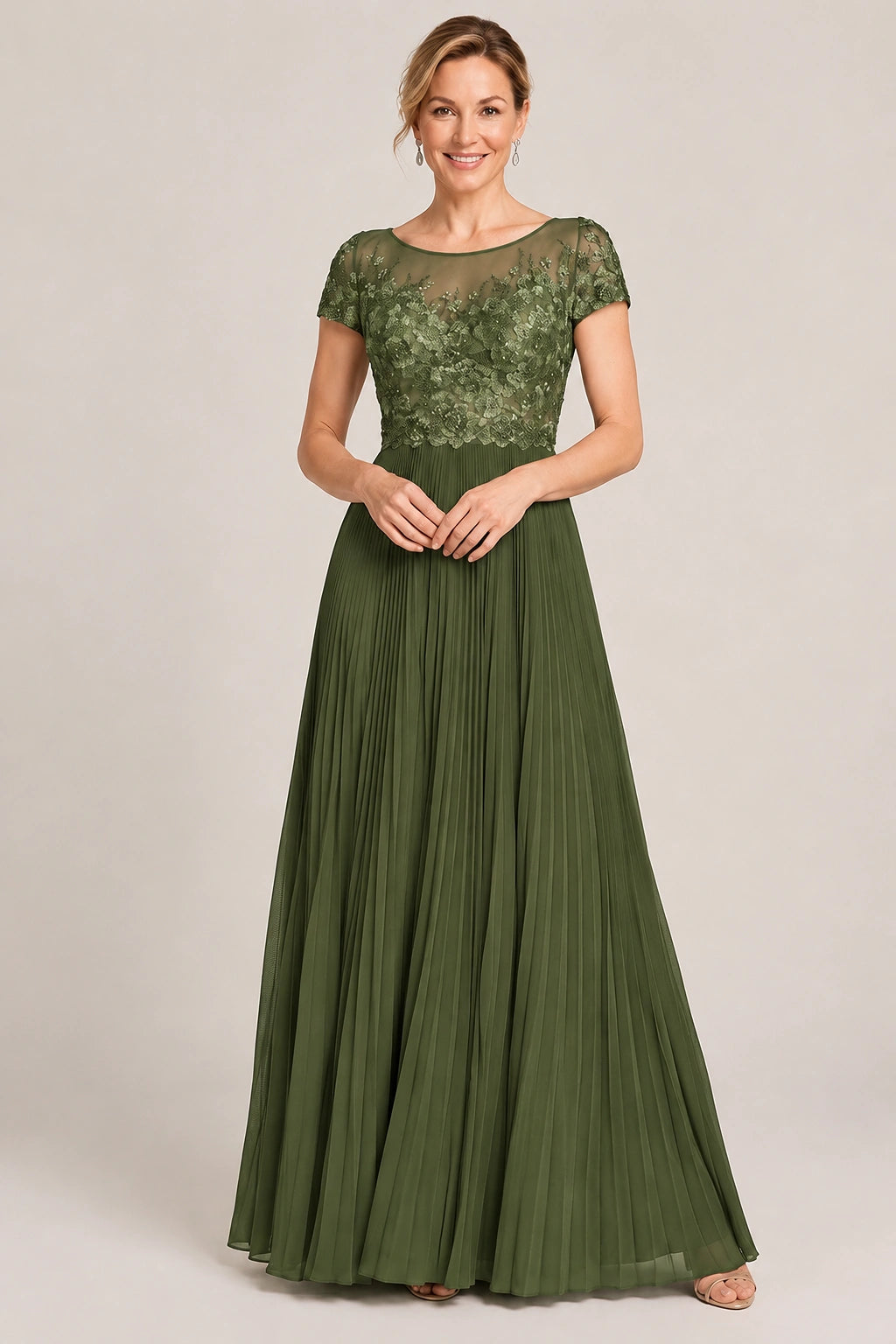 Embroidered Lace Pleated Mother of the Bride Dress