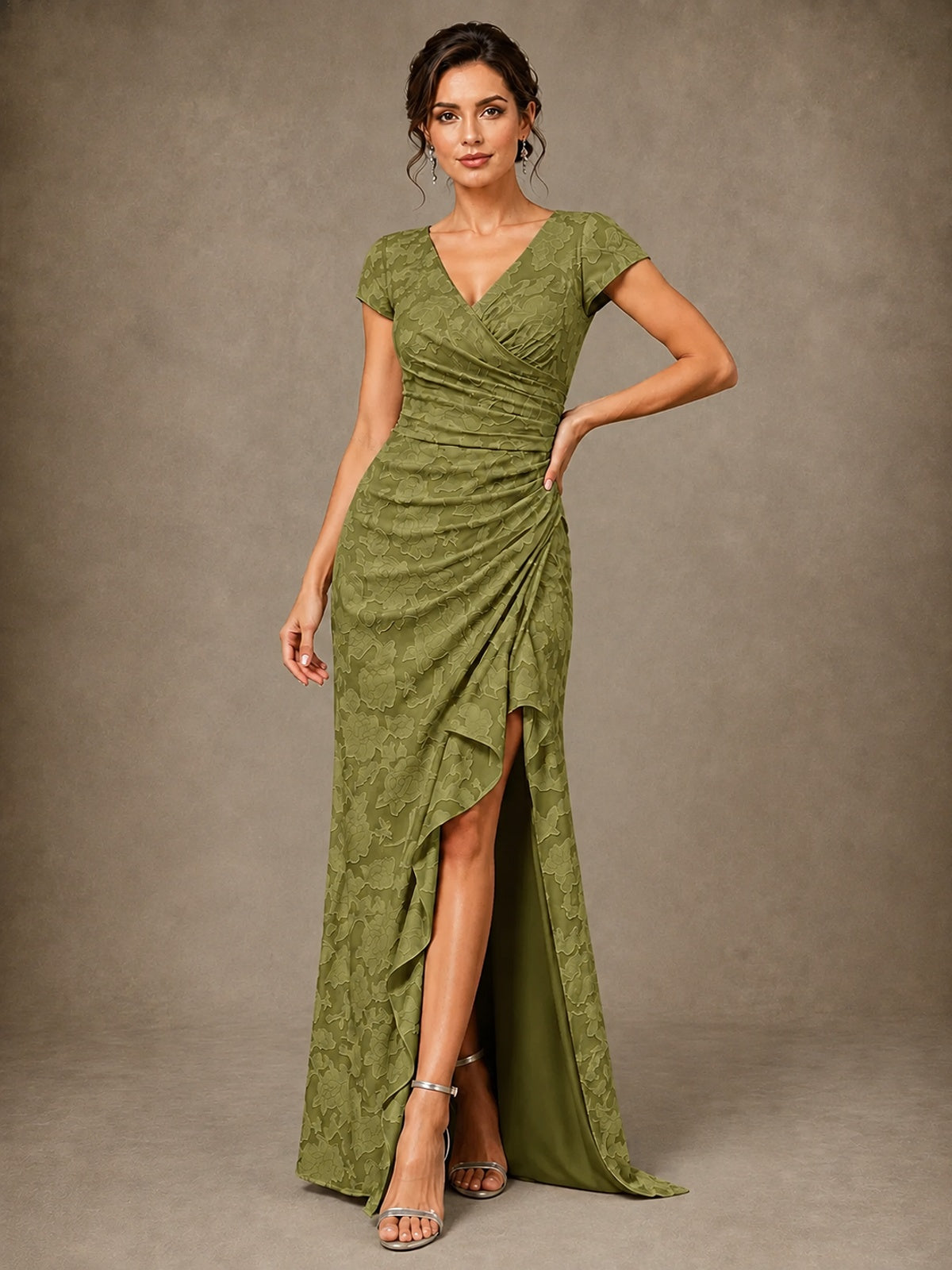V-Neck Floral Jacquard Mother of the Bride Dress with Slit