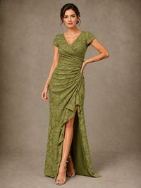 V-Neck Floral Jacquard Mother of the Bride Dress with Slit
