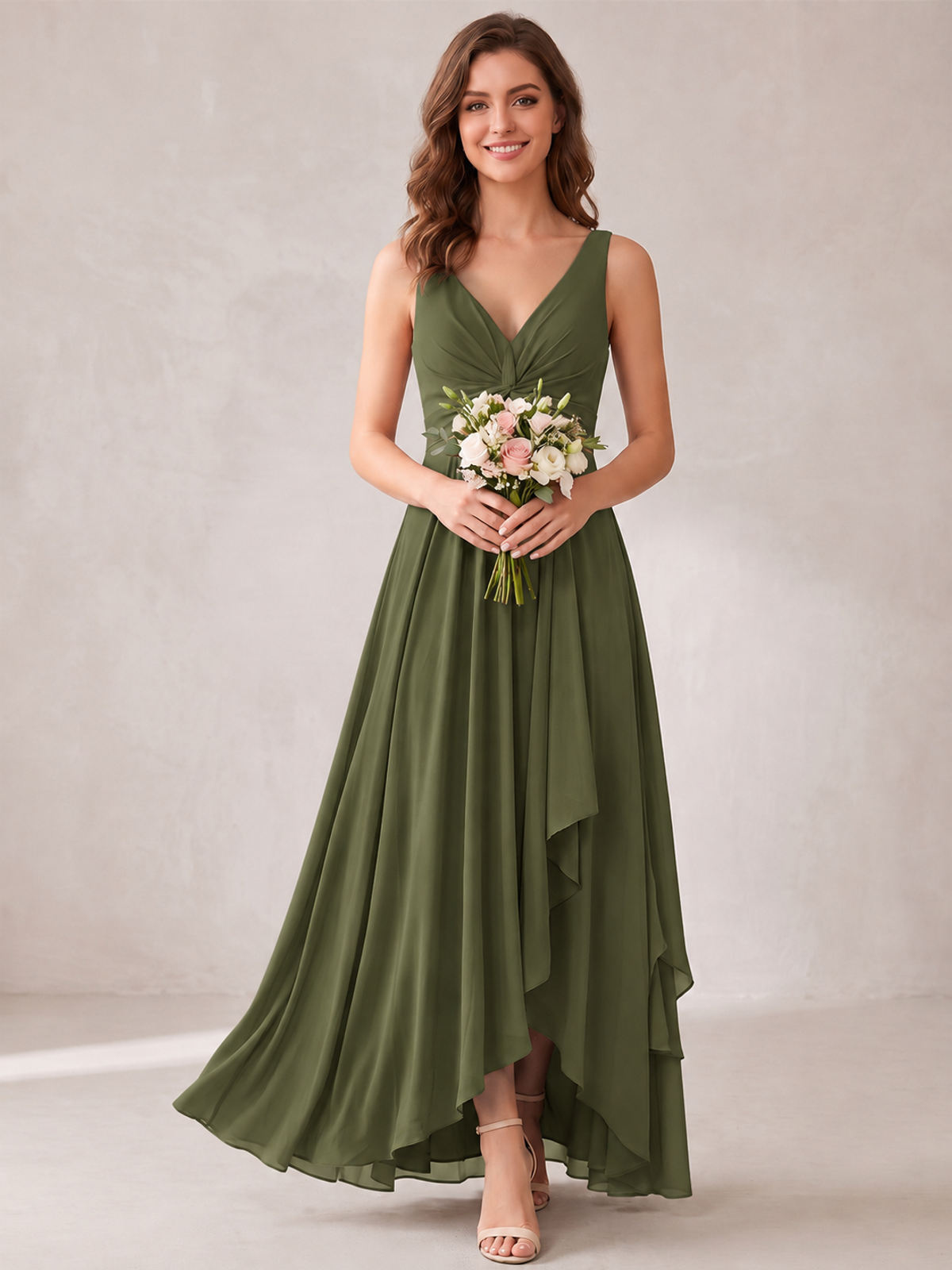 V-Neck High-Low Chiffon Bridesmaid Dress with Ruffles