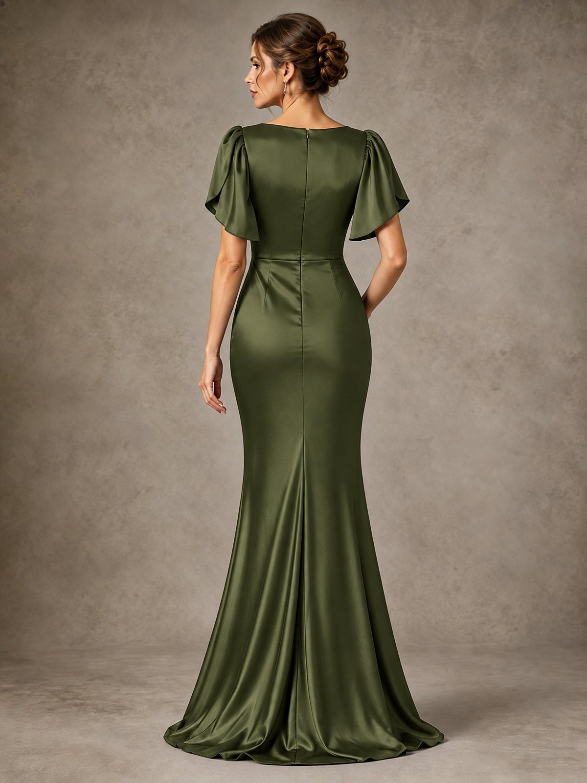 V-Neck Satin Mother of the Bride Dress with Flutter Sleeves