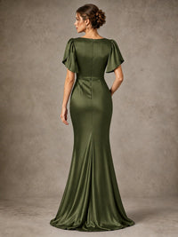 V-Neck Satin Mother of the Bride Dress with Flutter Sleeves
