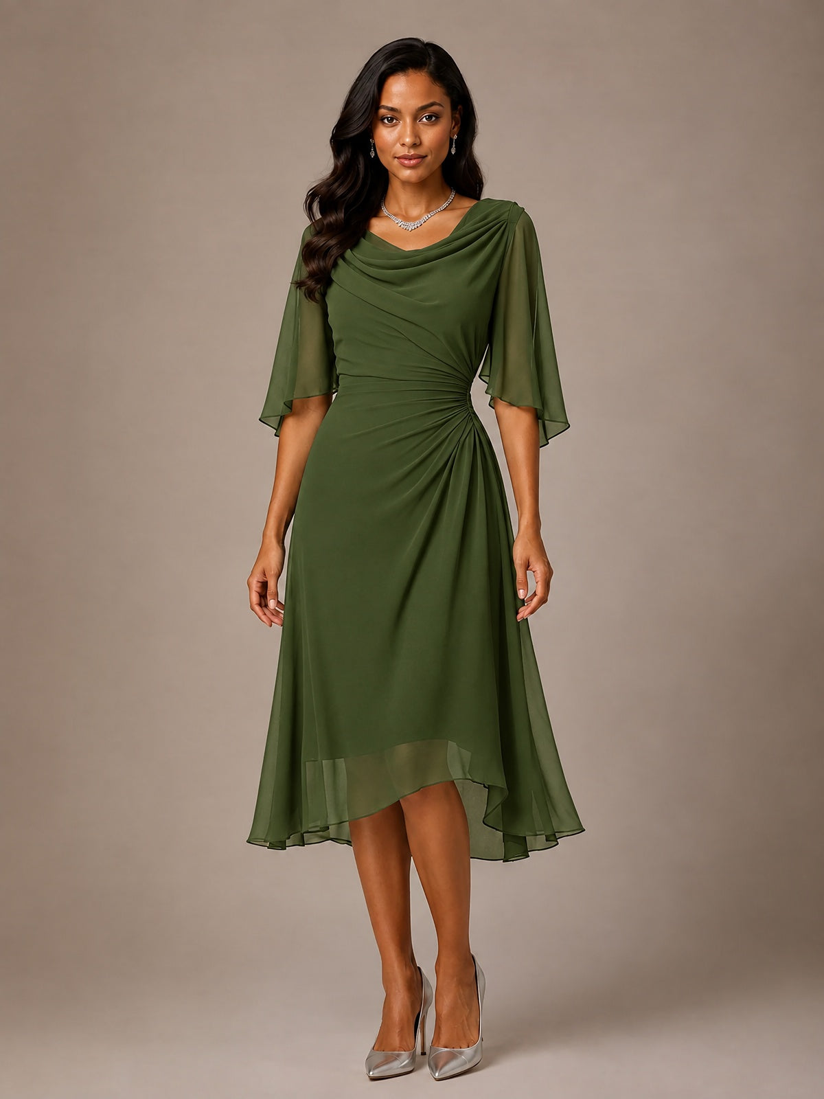 Cowl Neck Ruched Chiffon Mother of the Bride Dresses with Flutter Sleeves