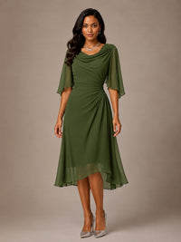 Cowl Neck Ruched Chiffon Mother of the Bride Dresses with Flutter Sleeves