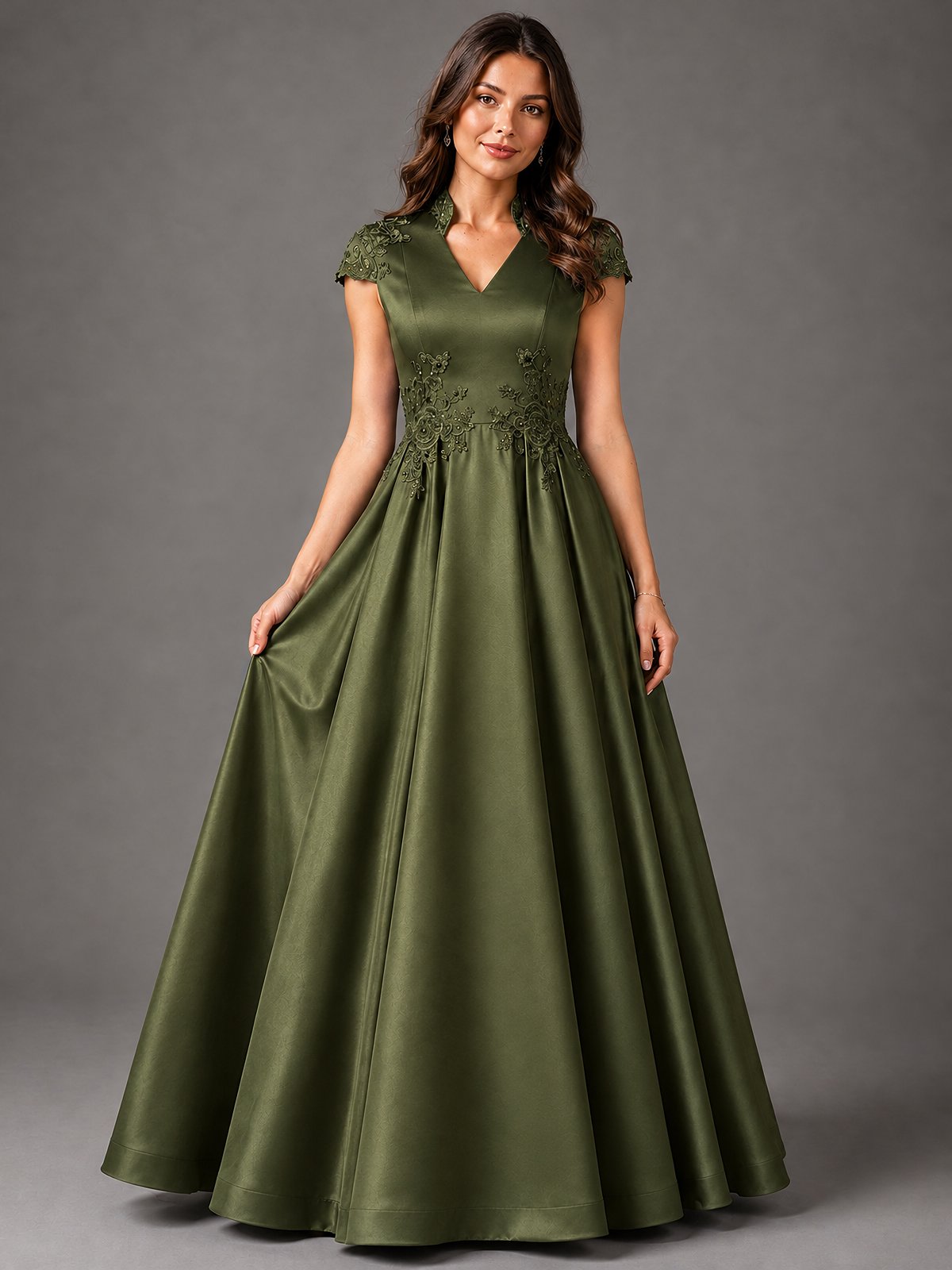 Lace Appliqué A-Line Satin Maxi Dress