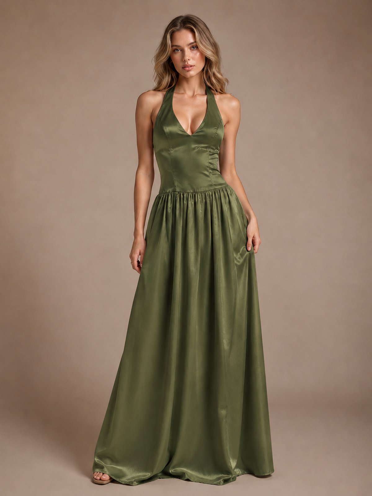 Pink V Neck Halter Satin Maxi Dress
