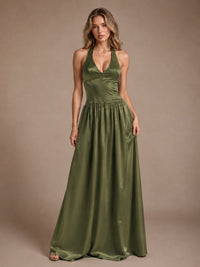 Pink V Neck Halter Satin Maxi Dress
