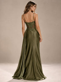 Mermaid Satin Prom Dress with Floral Appliqué Corset and High Slit
