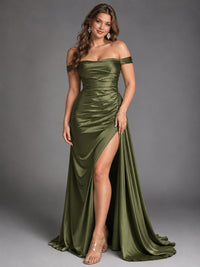 Off Shoulder Satin Maxi Dress with Slit