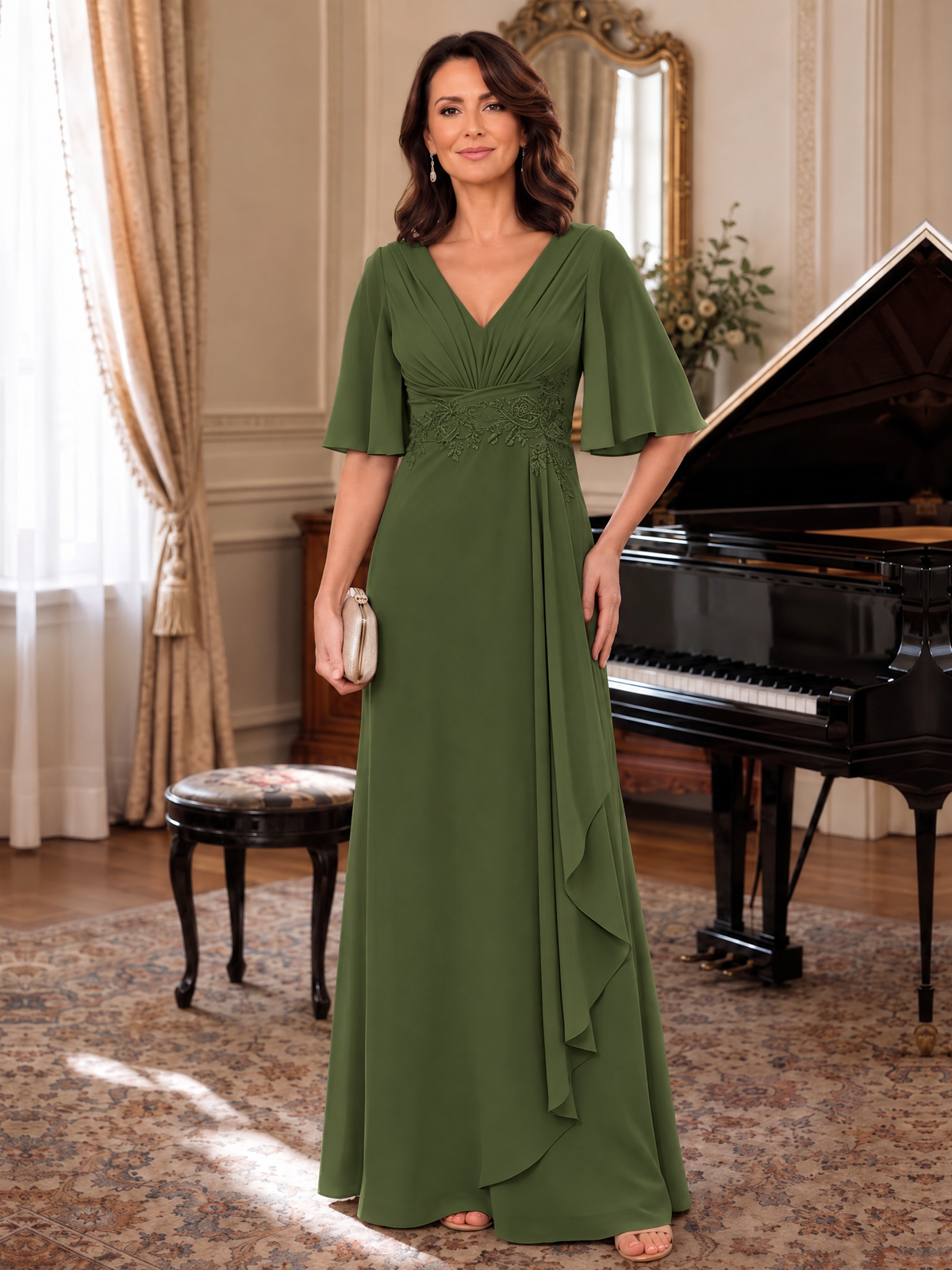 Olive Green V-Neck Chiffon Lace Mother of the Bride Dresses with Flutter Sleeve A-line Long Ruffled Evening Formal Wedding Guest Gown