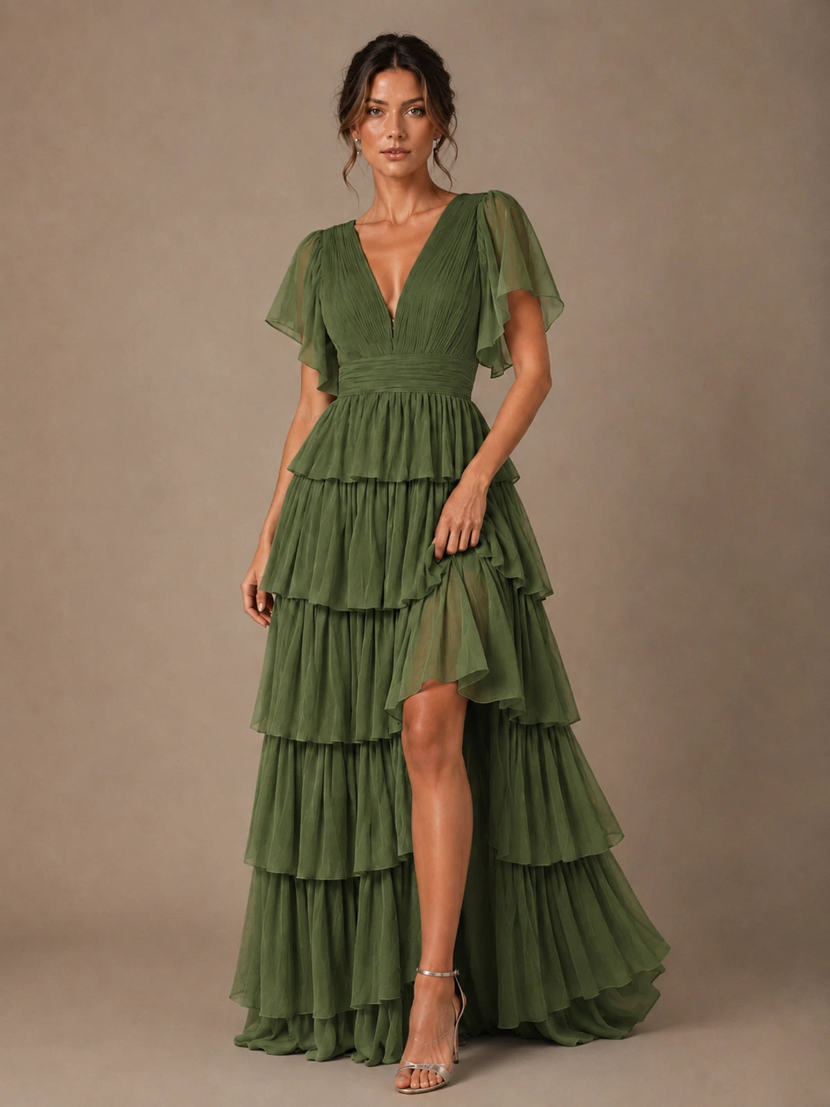 Chiffon V-Neck Tiered Ruffle Bridesmaid Dress with Slit