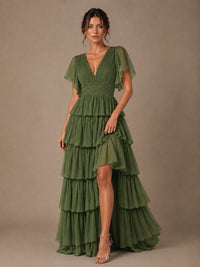 Chiffon V-Neck Tiered Ruffle Bridesmaid Dress with Slit