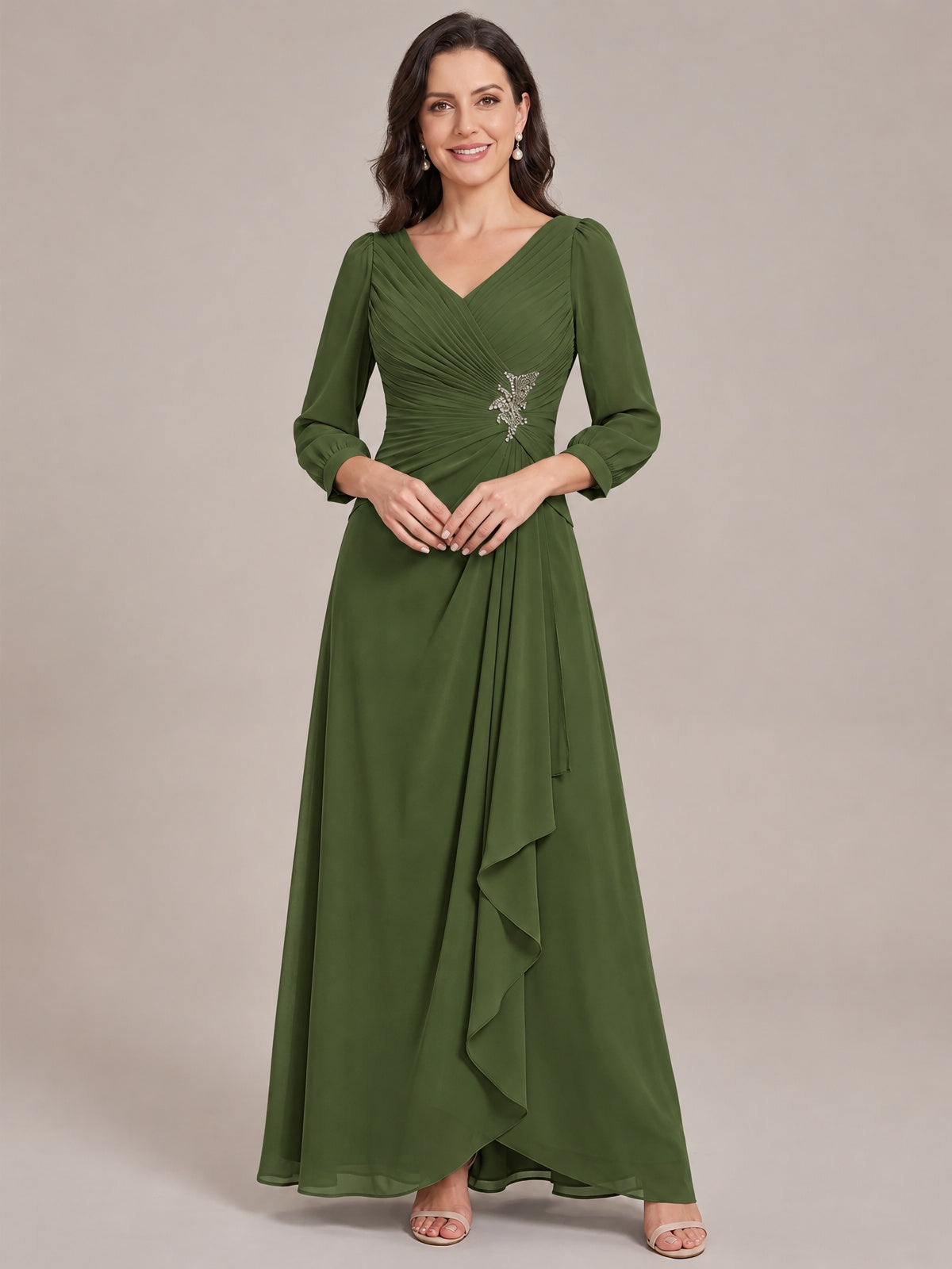 Olive Green-Long Sleeve Chiffon Beaded Mother of The Bride Dresses for Women