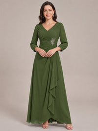 Olive Green-Long Sleeve Chiffon Beaded Mother of The Bride Dresses for Women