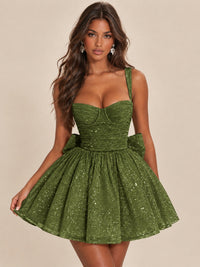 Sweetheart Glitter Tulle Puffy Mini Dress with Bow